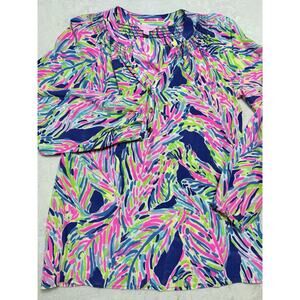 Lilly Pulitzer 100% Silk Elsa Top Indigo Palm Reader Boho Resort Palm Beach SM